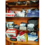 3 Shelves of cameras to include canon, Sony, canon camcorders etc