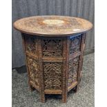 Antique Anglo Indian highly carved and inlaid folding table [55.5x53.5cm]