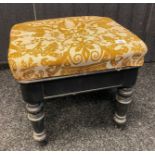 Antique stool, with lift up cushioned seat opening to interior storage, raised on turned legs [
