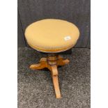 19th century rise and fall barrel top piano stool, burr walnut pedestal with three outsweft feet