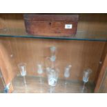 Glass decanter set with champagne glasses along with vintage document box