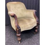 Victorian tub chair, the shaped back with button detail above scroll arms and cushioned seat
