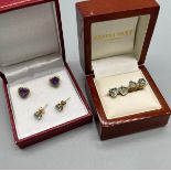 Four pairs of 9ct yellow gold and gem stone earrings. Includes Diamond and Amethyst heart shaped