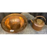Antique copper Chinese bowl detailed with white metal inlays together with a Chinese style tea pot
