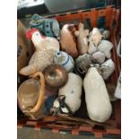 A Crate of collectables includes Bayer Ram figures by david sharp, Studio salter vase, wooden