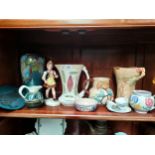 A Shelf of collectables includes Royal cauldron 1930 jugs by Edith gater, Poole pottery jug and bowl