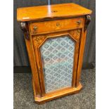 Antique Edwardian music cabinet, urn inlaid top section, glass door front, interior fitted