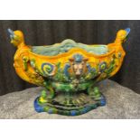 Antique large ornate Majolica drip glaze urn vase centre piece.