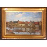 Oil on board depicting river village scene, signed by the artist within a moulded gilt frame. [