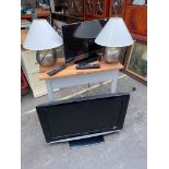 A Pine console table, table lamps, flat screen TVs cd player etc