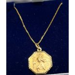 9ct yellow gold necklace with gilt metal St Christopher pendant.
