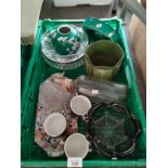 A Crate of collectables to include 6 character signature Chinese vase, Art Nouveau vase etc