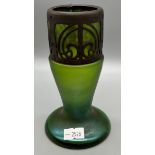 Art Nouveau green opalescent Loetz style vase. Fitted with a metal band. [13cm high]