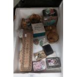 Box of interesting collectables includes vintage pill boxes , small photo frame, glass ware dressing