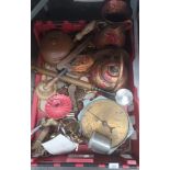 A Box of Antique items to include old school bell, Vintage salter scales antique metal wares etc