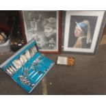 Newcastle united fc picture, vintage lady print, 2 boxed cutlery items framing etc