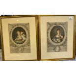 Two antique coloured engravings depicting portraits of women. Titled 'Le Messager Fidel and L'