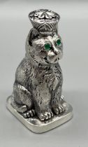 Interesting Cat Perfume bottle with crown and emerald stone eyes. [7cm high]