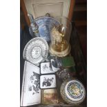 A Box of Collectables includes Kundo brass covered mantle clock with dome, Robert burns Picture &