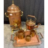 A Selection of antique copper wares to include serving tray, Ale mugs, kettle and brass three foot