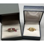 Antique 9ct yellow gold ring set with 5 pink stones- one loose, together with a 9ct yellow gold