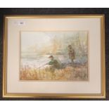 Framed watercolour depicting men fishing, signed by the artist to the right hand corner. Dated '