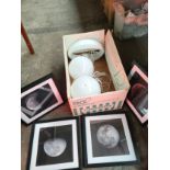 Box of modern lighting along with set of 4 modern moon canvases in fitted frames