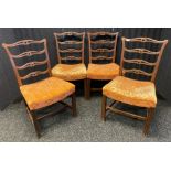 Set of four 19th century chairs, the back with central carved stretchers, above cushioned