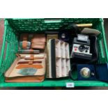 A Box of collectables to include polaroid camera, vintage travel grooming kit, Dalvey hip flask,