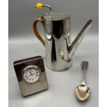 London silver clock, Victorian London silver tea spoon and Christopher Dresser style silver plated