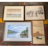 A Lot of four various artworks to include Loch scene watercolour.