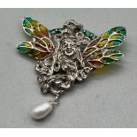 A Silver Art Nouveau style plique a jour fairy pendant/ brooch with pearl drop.