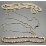 A Lot of four Antique/ Vintage pearl necklaces. One large set, One set with a 9ct gold bean style