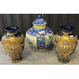 Large Old Chinese porcelain temple jar and a pair of oriental satsuma vases all signed to the