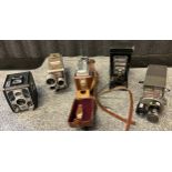 Five vintage cine cameras and cameras. Includes Bilora Bonita 66, Brownie Turret 8mm, Agfa Movex 88,