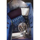 Box of Silver plated wares includes boxed cutlery sets, plated gallery tray, Silver plated wine