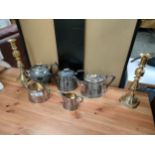 A Collection of silver plated tea wares along with pair of brass candle sticks
