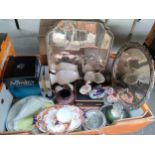 A box of collectables to include Royal crown Derby imari dish, Silver plated quality tray,