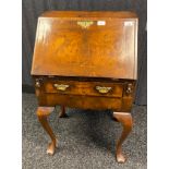 18th century burr walnut bureau, leather writing area, fitted drawer and pigeon hole interior.
