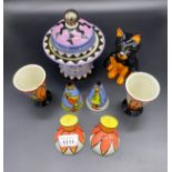 Various Lorna Bailey art works to include salt and pepper shakers, cat figure and pot.