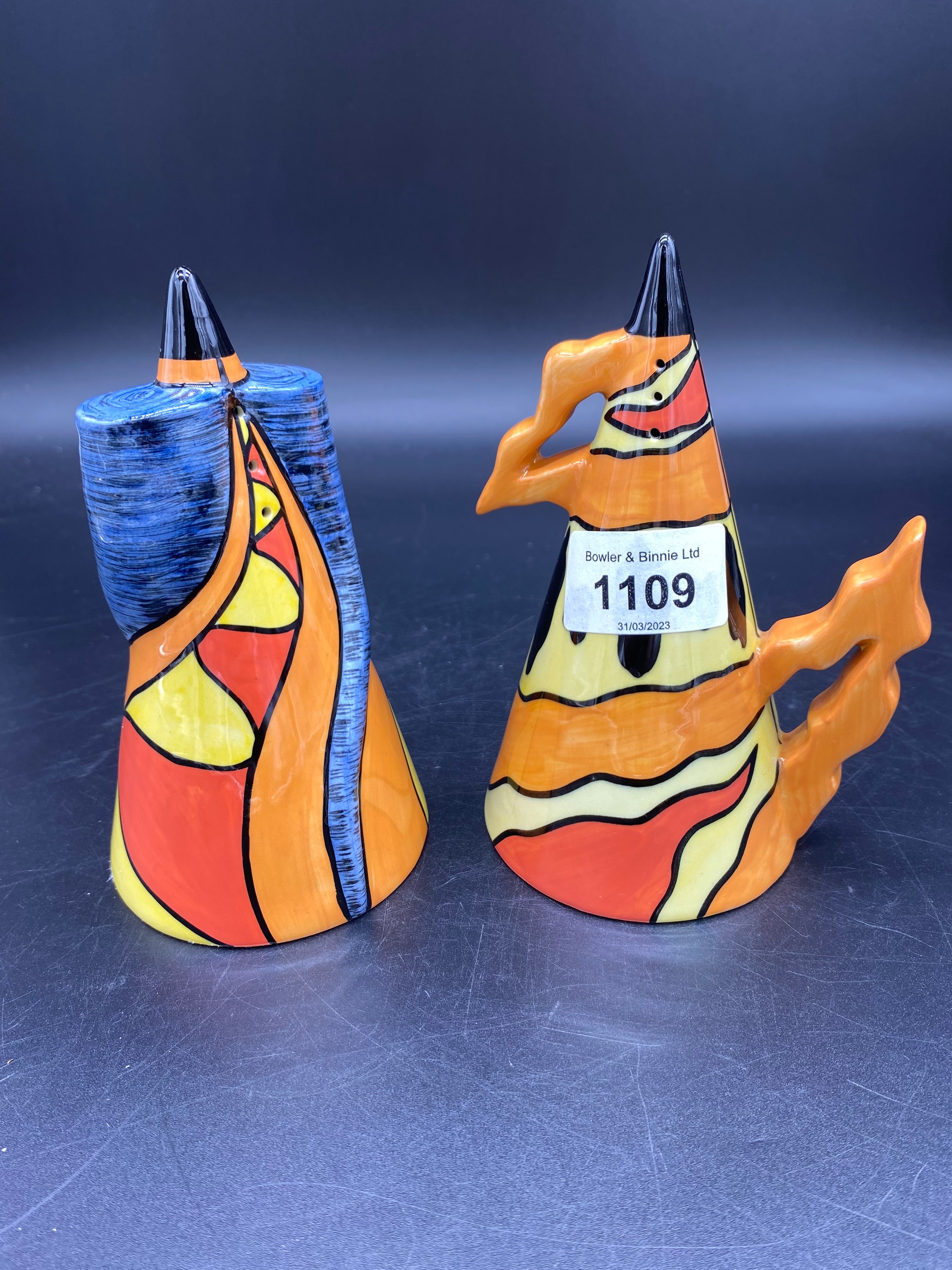 Lorna Bailey Old Ellgreave Pottery ''Twister'' and ''Fire'' sugar sifters, signed. [14cm High]