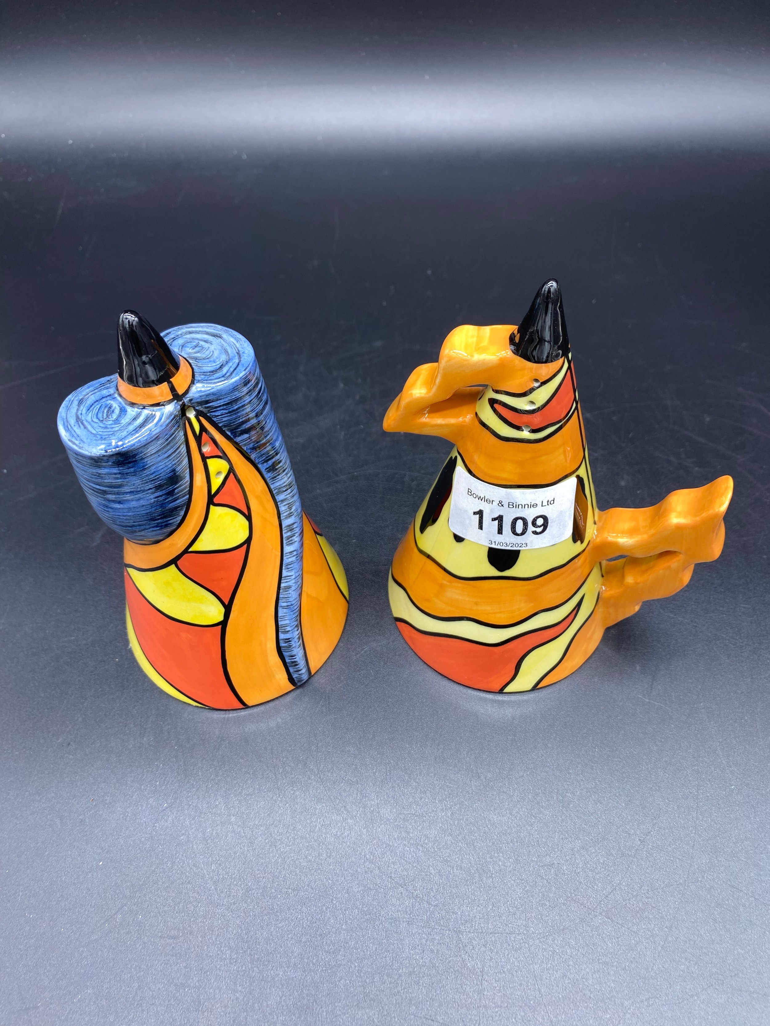 Lorna Bailey Old Ellgreave Pottery ''Twister'' and ''Fire'' sugar sifters, signed. [14cm High] - Image 2 of 4
