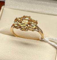 10ct yellow gold ladies ring set with 7 pink spinel stones. [Ring size P] [2.35grams]