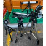 Box of various tripods includes hama, vivanco, selection of telescopes includes inphase, spotting