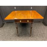 19th century Mahogany pembroke drop end table, single frieze drawer and turned legs with brass