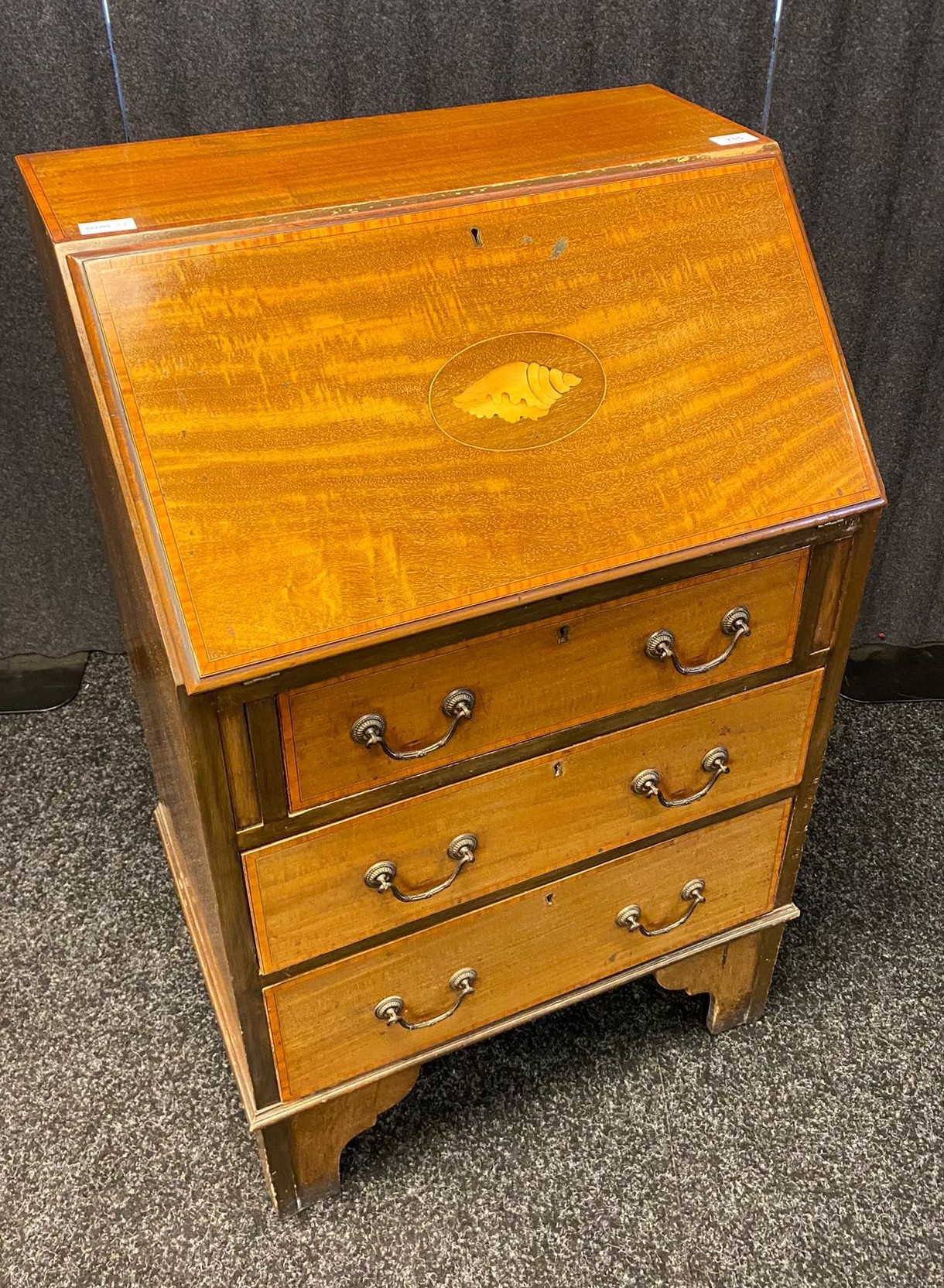 19th century bureau, the slant front with shell marquetry design, opening to an interior with fitted - Image 3 of 4