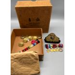 A Lot of military items to include bar of 5 Miniature medals, Gold thread worked military patch