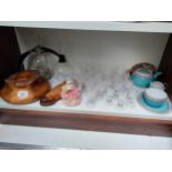 A shelf of collectables includes Royal doulton figure cissie, tree bark fruit bowl etc