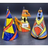 Lorna Bailey pottery consisting of three art deco style cones, limited edition. 92/250 58/250