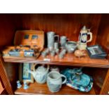 2 Shelves of collectables to include pewter ware cups, eastern themed painting etc